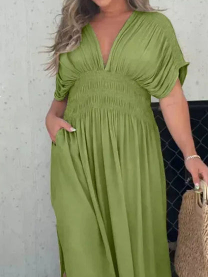 Full Size Slit V-Neck Smocked Waist Maxi Dress Plus Size