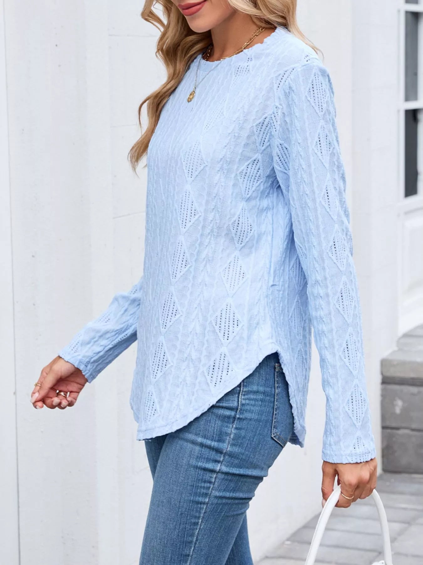 Openwork Textured Long Sleeve Top