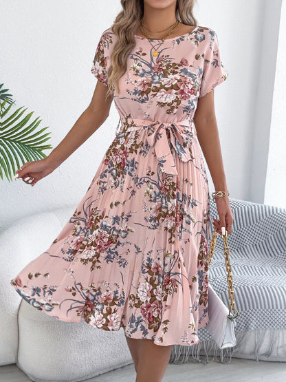 Floral Print Pleated A-Line Midi Dress