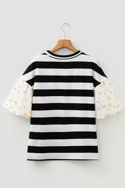 Stripe Floral Print Puff Sleeve Patchwork Blouse