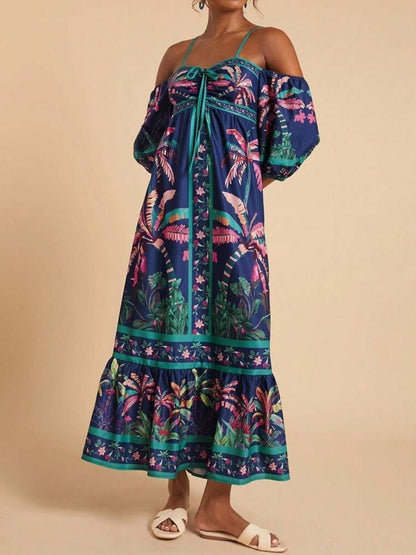 Tropical Print Spaghetti Strap Maxi Dress