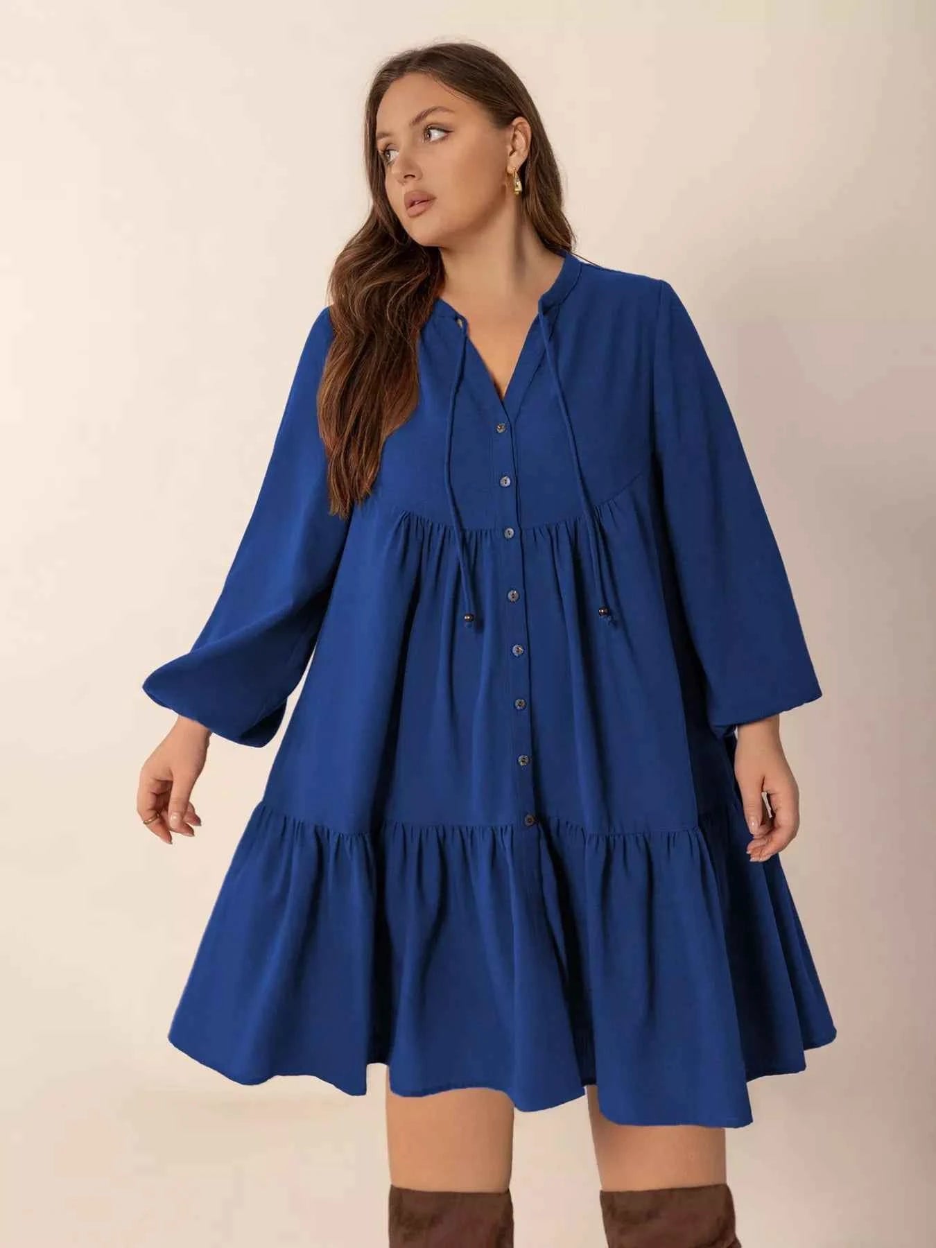 Plus Size Tie Neck Balloon Sleeve Dress