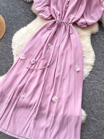 Floral Decor Tie Waist Puff Sleeve Dress