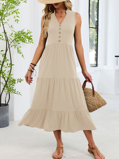 Sleeveless Notched Tiered Midi Dress