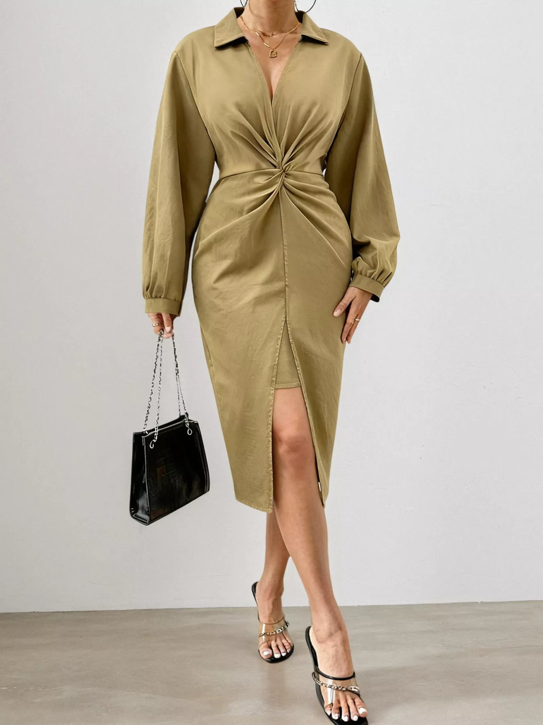 Plus Size Twist Front Split Midi Dress