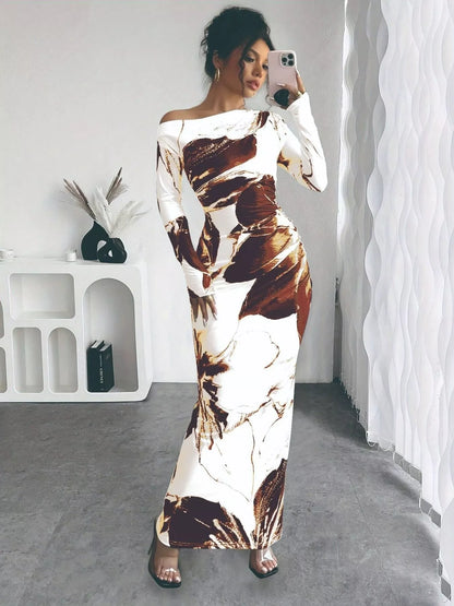 Floral Print One Shoulder Maxi Dress
