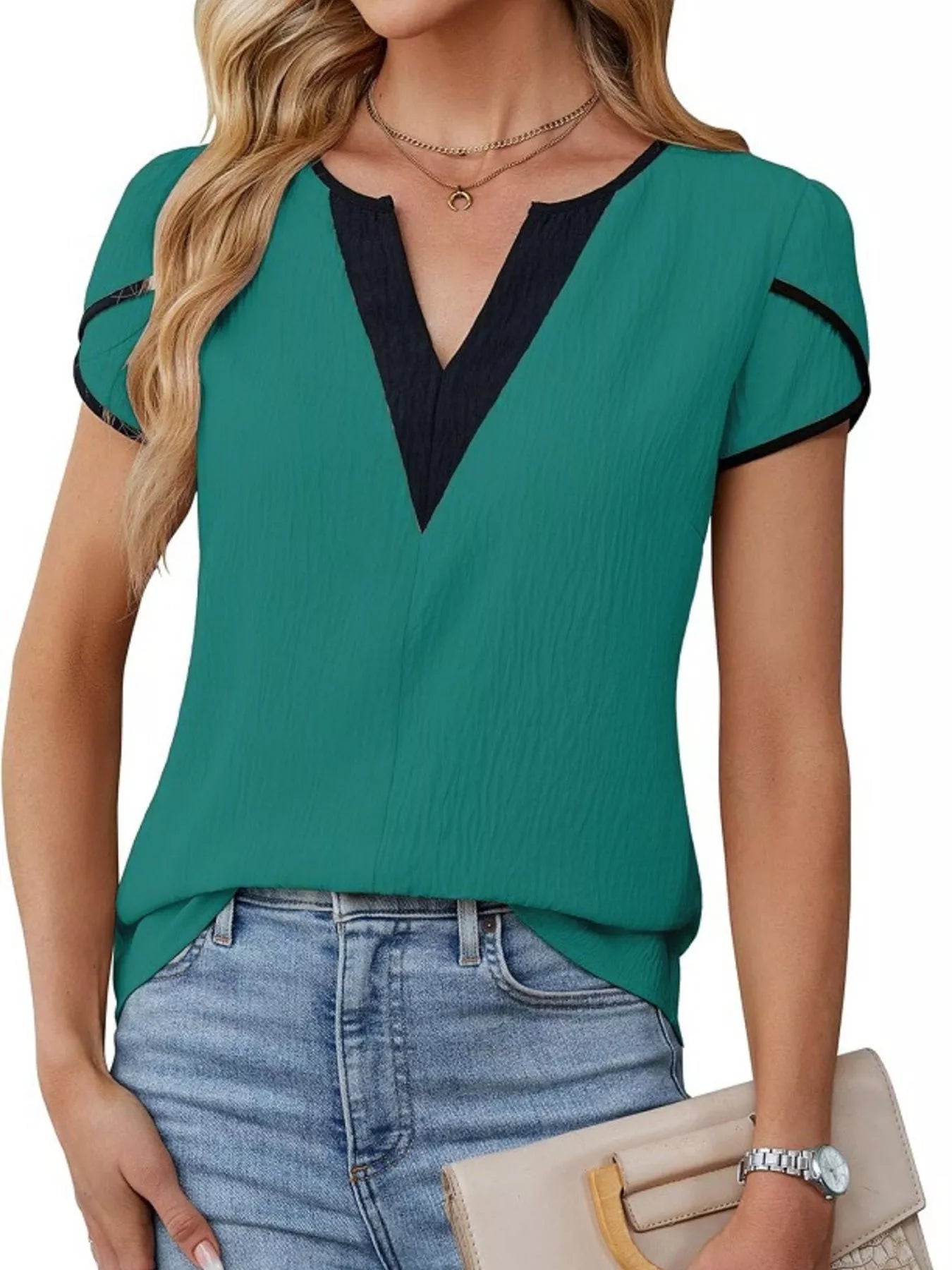 Notched Petal Sleeve Blouse