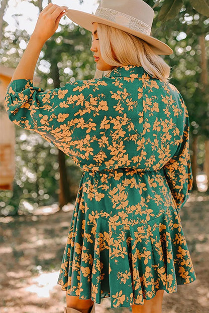 Printed Ruffled Hem Button Front Dress
