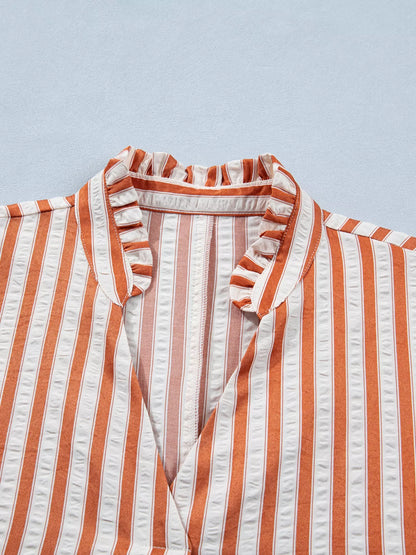 Stripe Pinched V Neck Turn-up Cuffs Shift Mini Dress