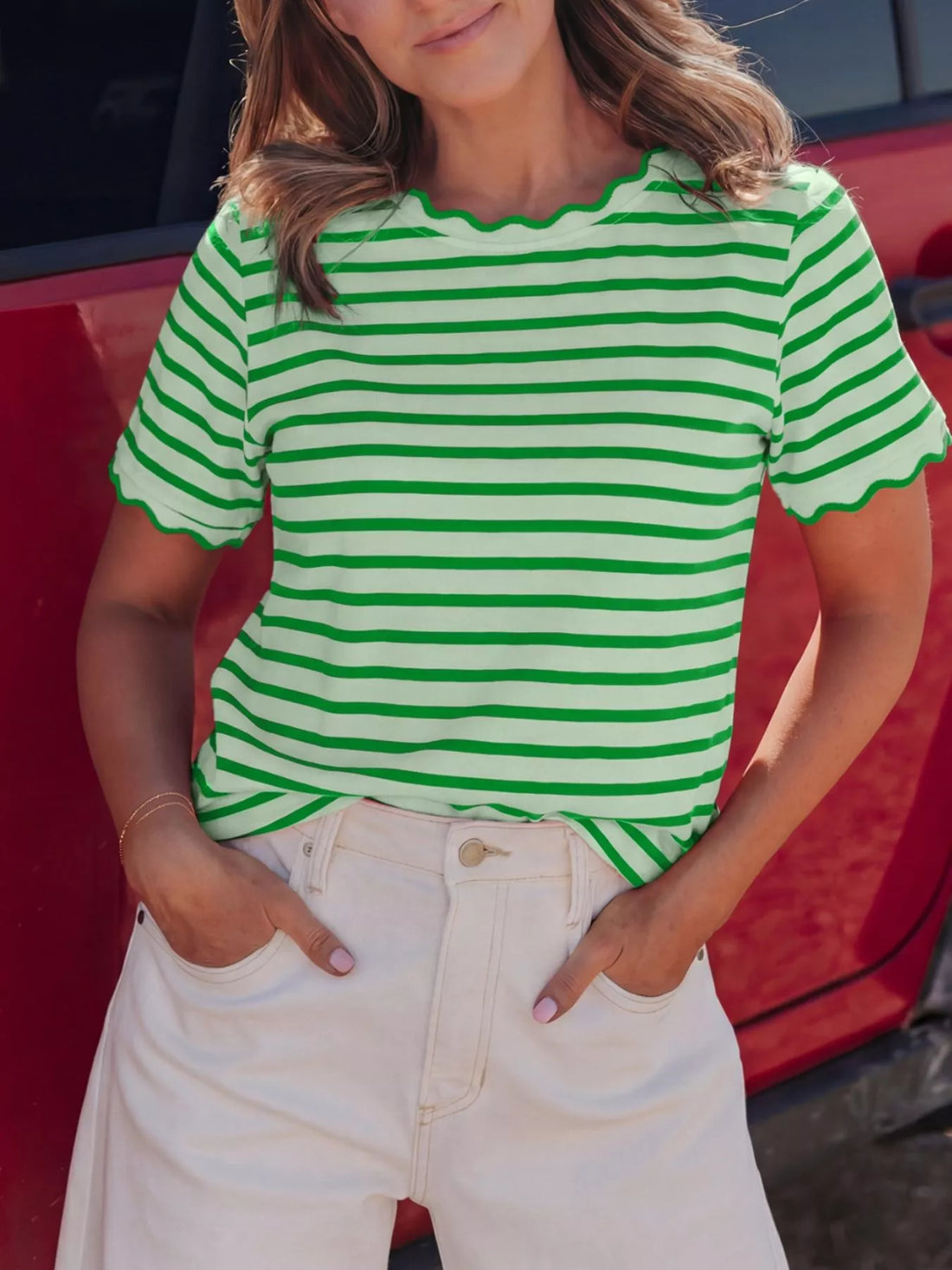 Striped Scallop-Trimmed Round Neck T-Shirt