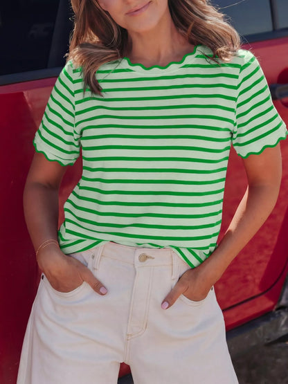 Striped Scallop-Trimmed Round Neck T-Shirt