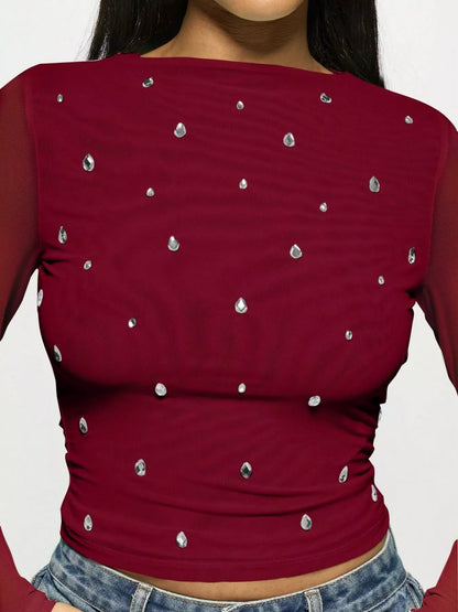Rhinestone Embellished Long Sleeve T-Shirt