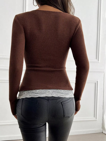 Lace Detail Long Sleeve Ribbed Top