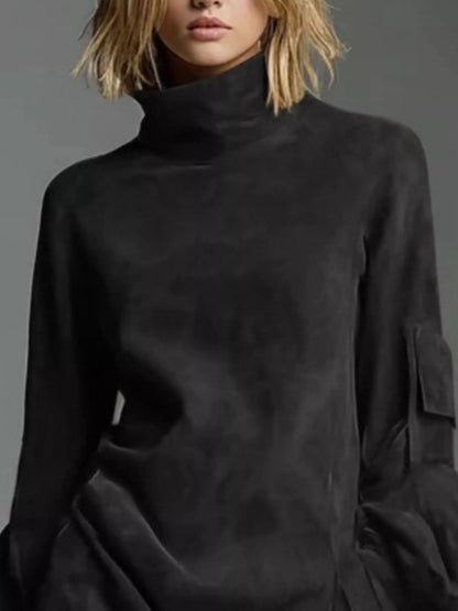 Full Size Suede Turtleneck Lantern Sleeve Mini Dress Plus Size