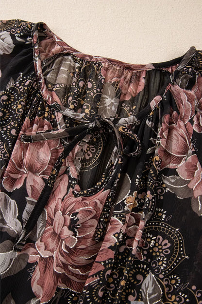 Floral Print Tie Neck Mini Dress