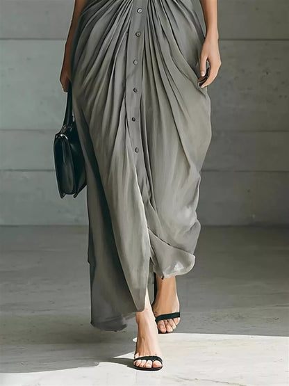 Full Size Button Front Ruched Shirt Maxi Dress Plus Size