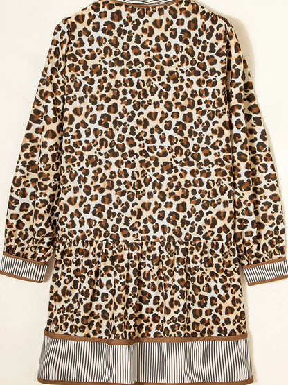 Leopard Print Striped Patchwork 3/4 Sleeve Loose Mini Dress
