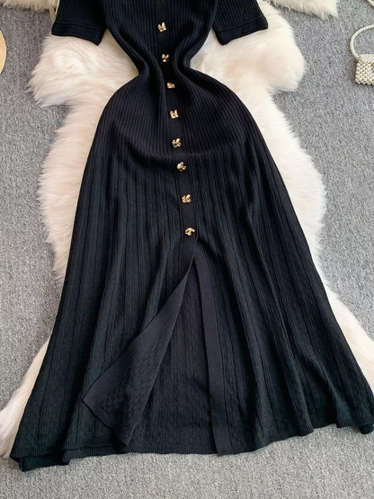 Button Front Ribbed Knit Midi Dress