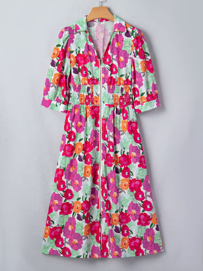 Vibrant Floral Print V Neck Zip Up Puffy Half Sleeve Dress