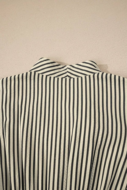 Stripe V Neck Zip Front Cinched High Waist Midi Dress