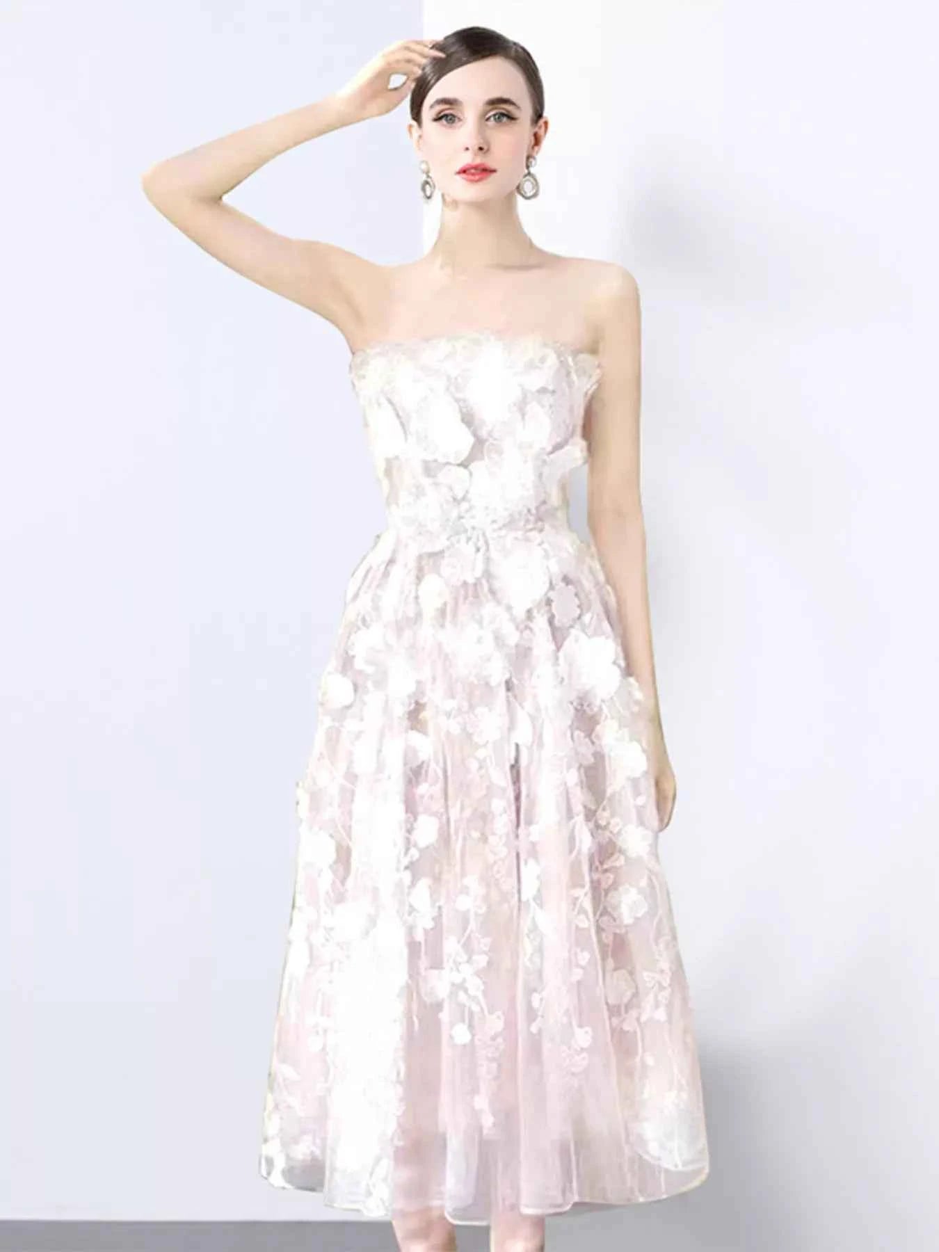 Strapless Floral Applique Midi Dress