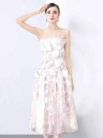 Strapless Floral Applique Midi Dress