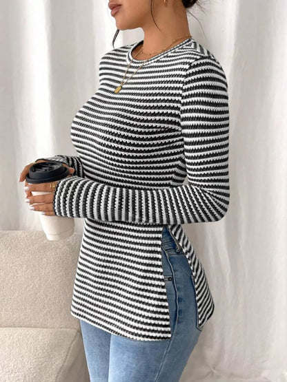 Slit Striped Long Sleeve Casual T-Shirt