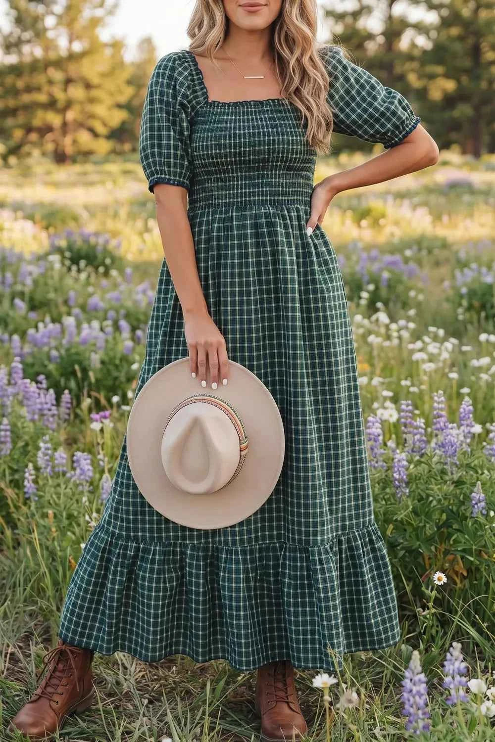 Plaid Square Neck Shirred High Waist Ruffle Hem Maxi Dress