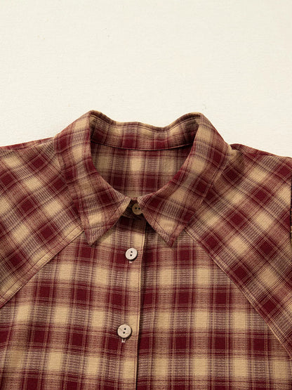 Plaid Print Ruffled Long Sleeve Patchwork Hem Mini Shirt Dress