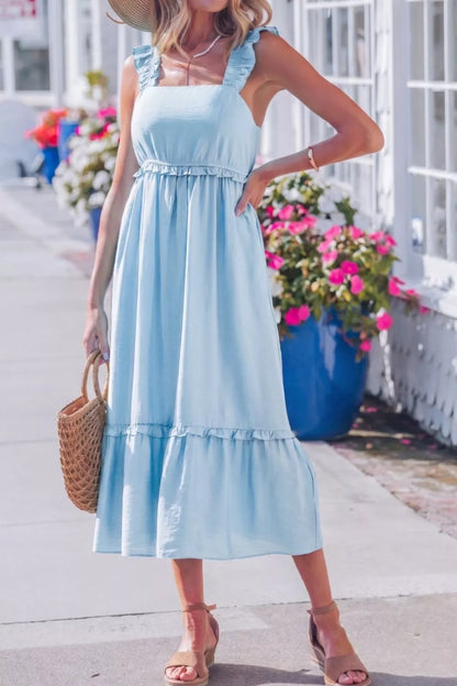 Solid Color Ruffle Trim High Waist Sleeveless Dress