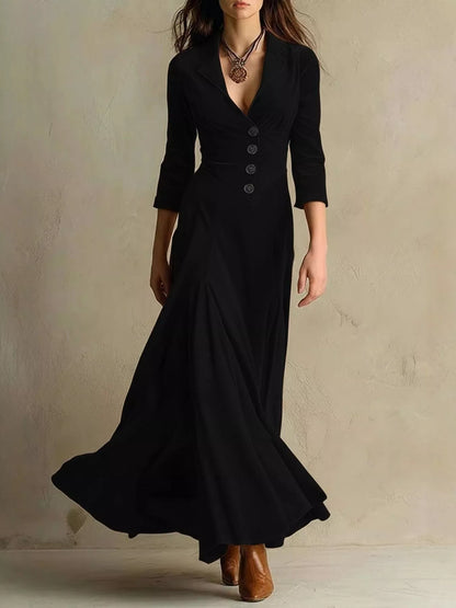 Velvet Button Front 3/4 Sleeve Maxi Dress