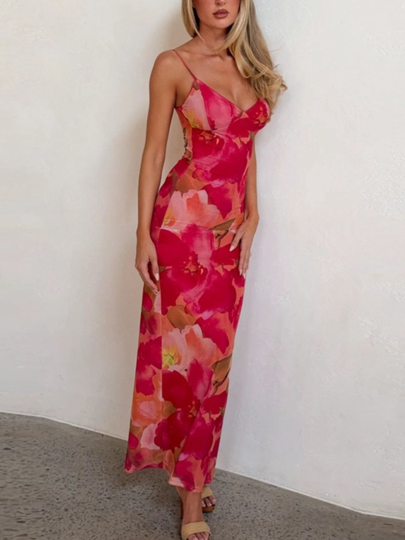 Floral Print Spaghetti Strap Bodycon Maxi Dress