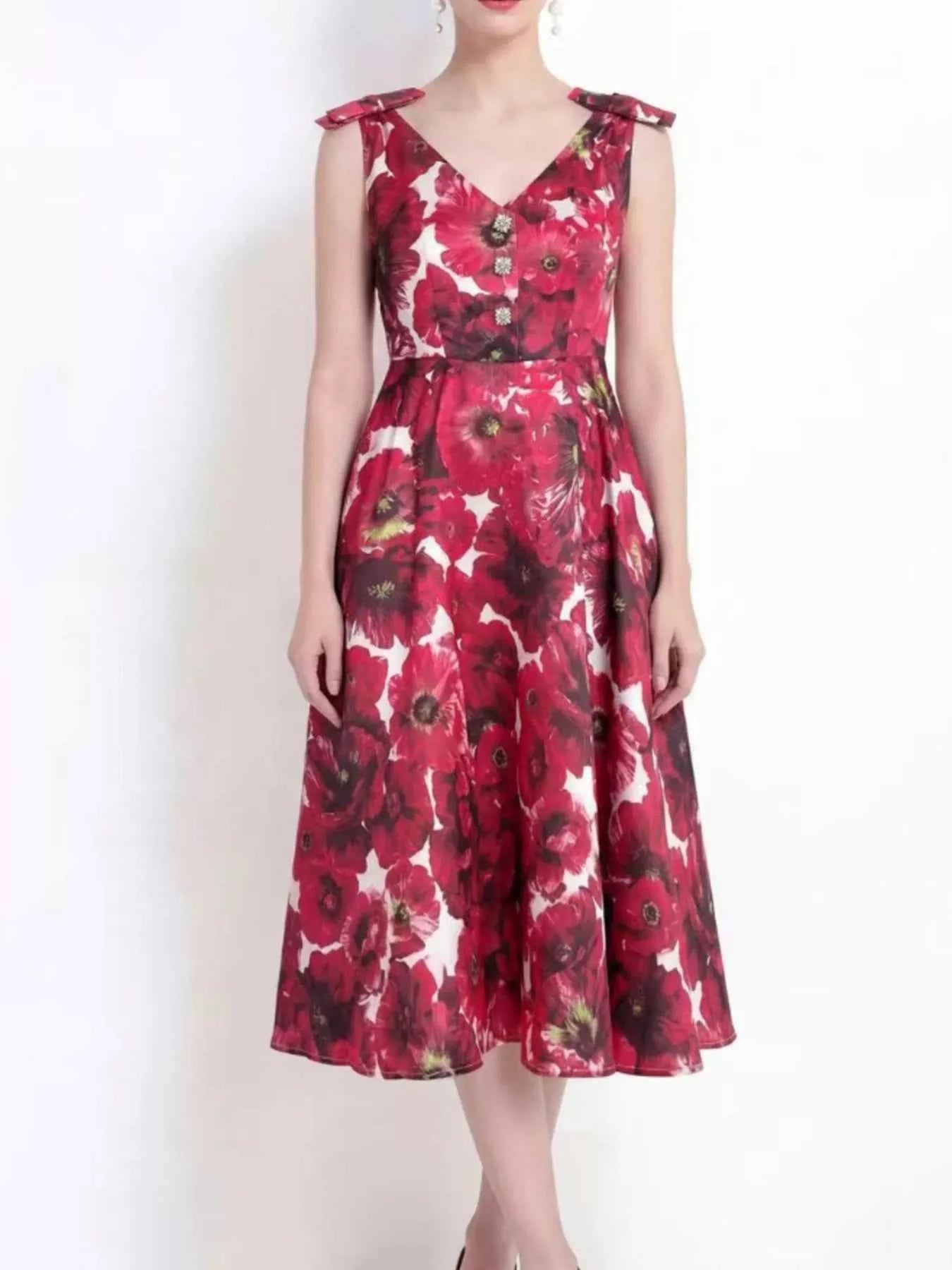 V-Neck Sleeveless Floral Print Midi Dress
