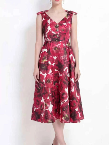 V-Neck Sleeveless Floral Print Midi Dress