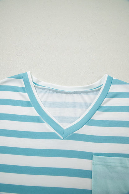 Stripe V Neck Patched Pocket Casual T Shirt