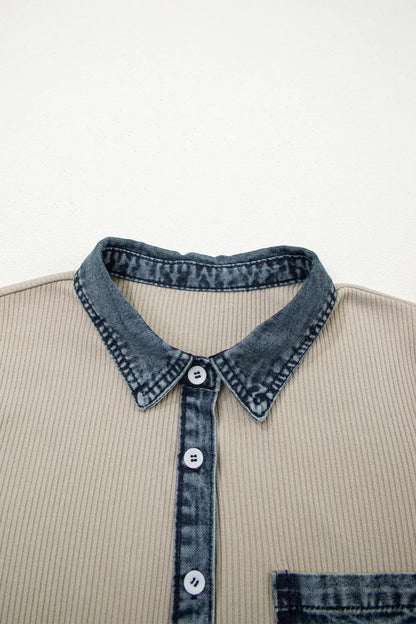 Casual Ribbed Knit Denim Trim Mini Dress