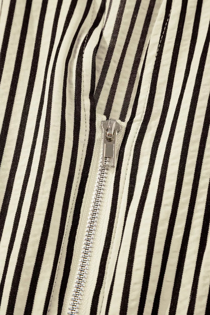 Stripe V Neck Zip Front Cinched High Waist Midi Dress