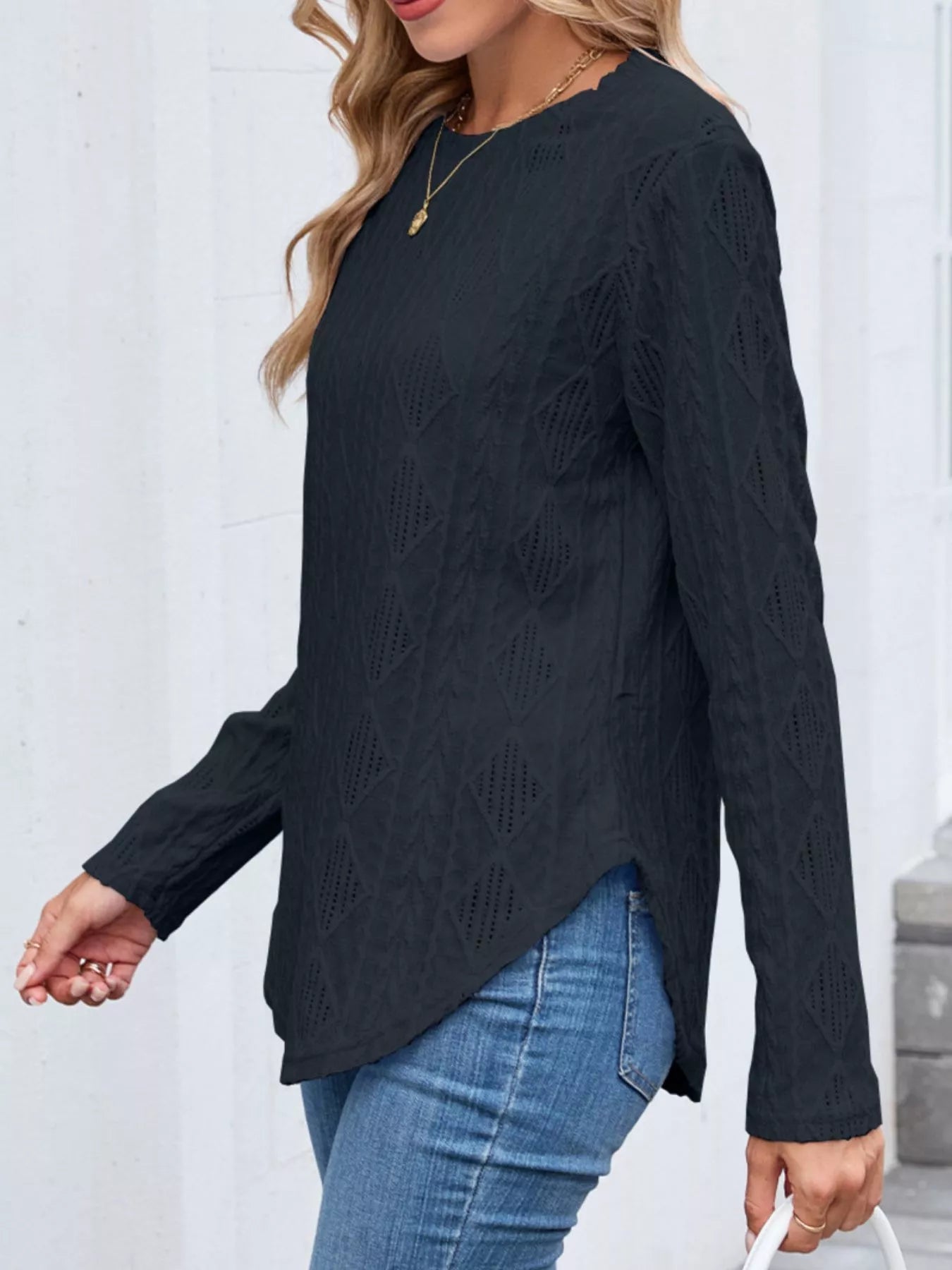 Openwork Textured Long Sleeve Top