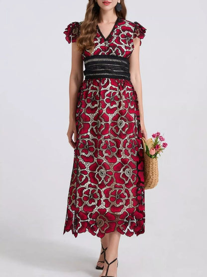 Printed V-Neck Ruffle Sleeve Midi Dress