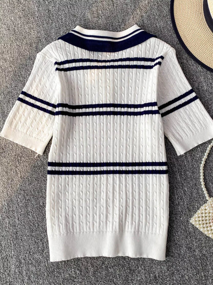 Striped Knit Polo Collar Top