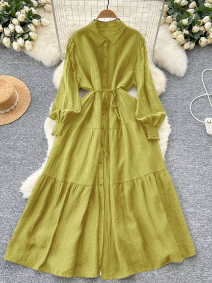 Button Down Tiered Long Sleeve Dress