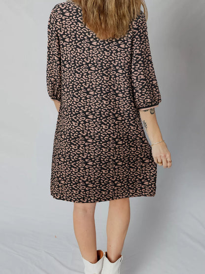 Leopard Print Bubble Sleeve Shift Mini Dress