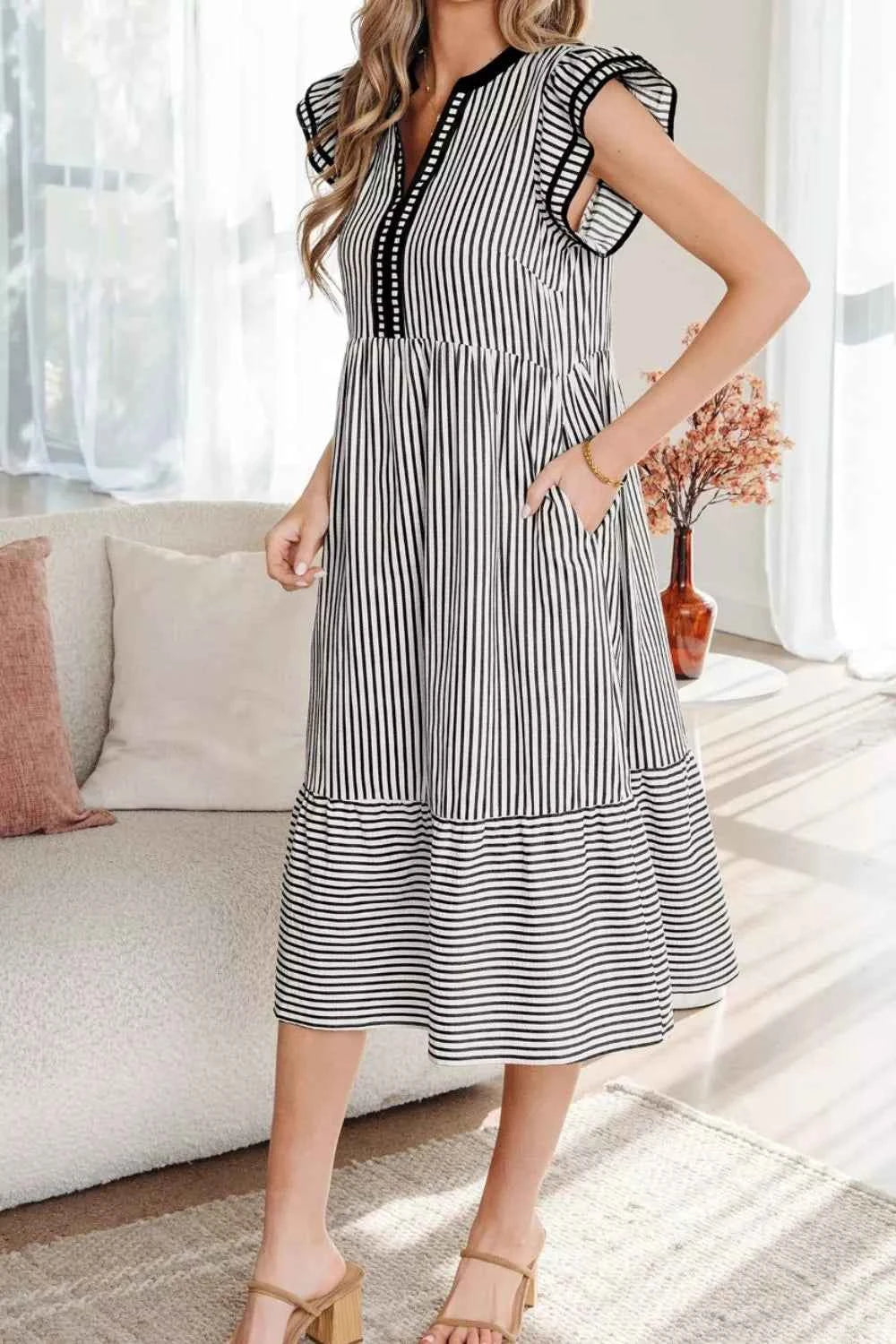 Striped Ruffle Sleeve Tiered Midi Dress