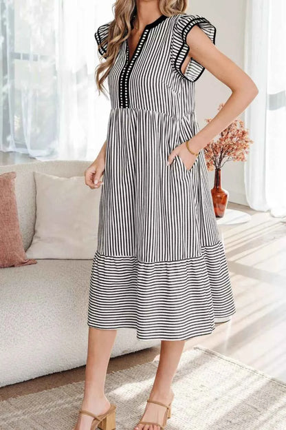 Striped Ruffle Sleeve Tiered Midi Dress