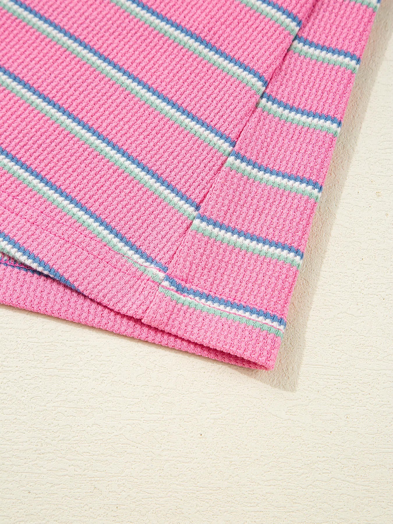 Stripe Textured Knit Round Neck Puff Sleeve Top