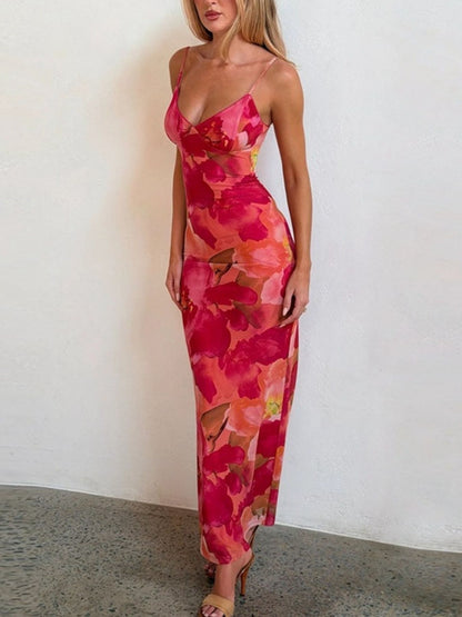 Floral Print Spaghetti Strap Bodycon Maxi Dress