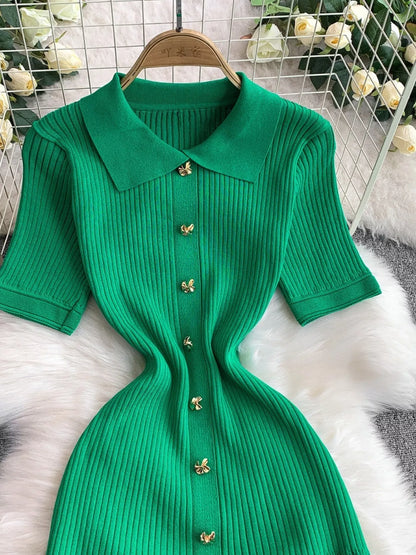 Button Front Ribbed Knit Midi Dress