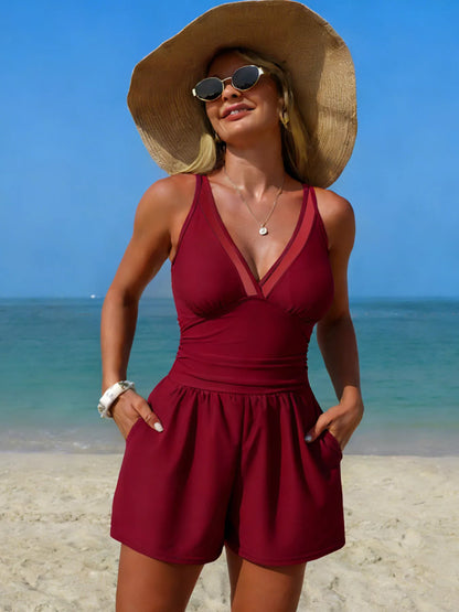 V-Neck One-Piece Swimsuit with Pockets