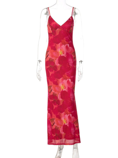 Floral Print Spaghetti Strap Bodycon Maxi Dress