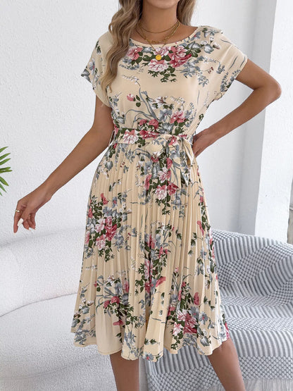 Floral Print Pleated A-Line Midi Dress